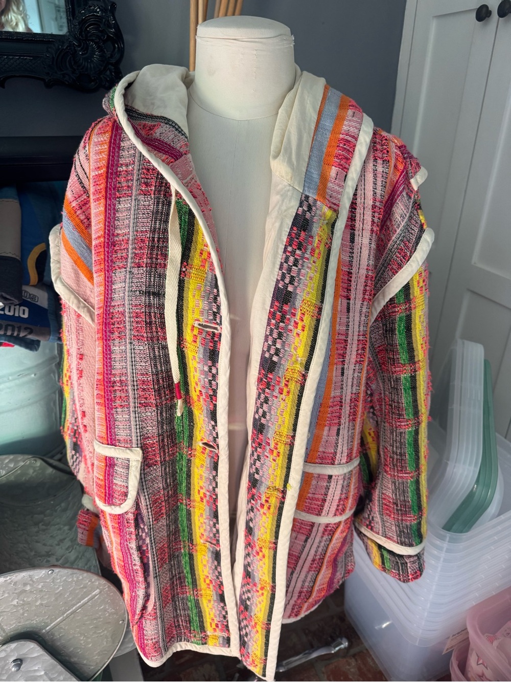 FREE PEOPLE unique colorful Striped Hooded Jacket w/cream colored trim!